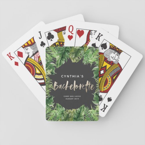 Tropical palm leaf  script gold bachelorette  playing cards