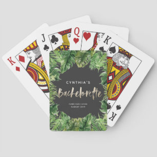 Tropical palm leaf & script gold bachelorette poker cards