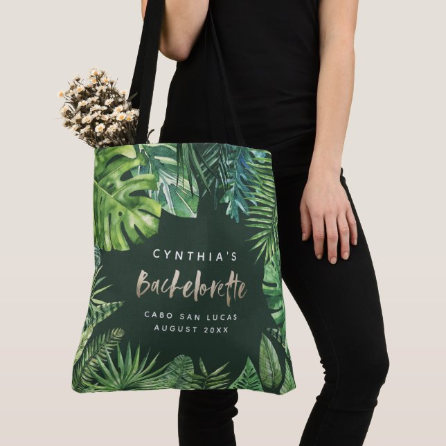 Tropical palm leaf & script gold bachelorette tote bag (Close Up)