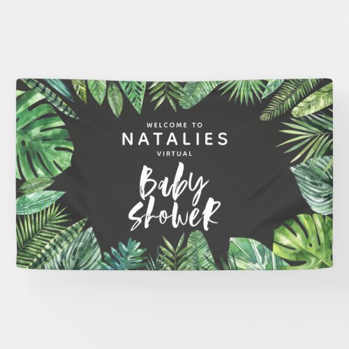 Tropical palm leaf script virtual baby shower banner