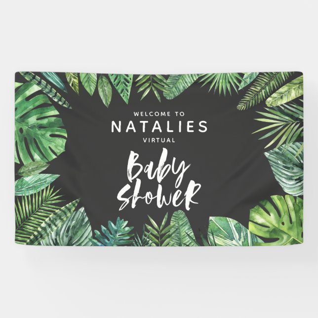 Tropical palm leaf script virtual baby shower banner (Horizontal)