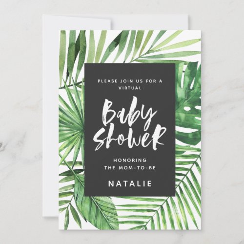 Tropical palm leaf script virtual baby shower save the date