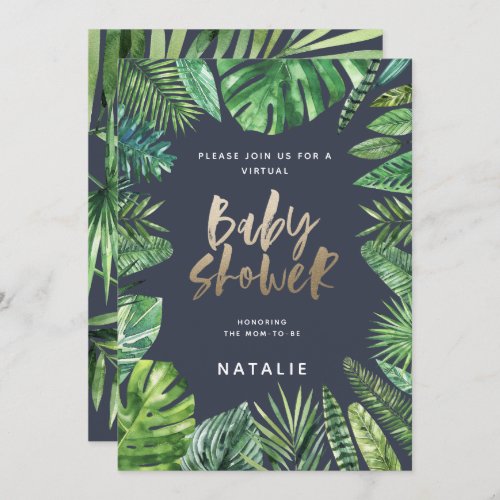 Tropical palm leaf script virtual baby shower save the date