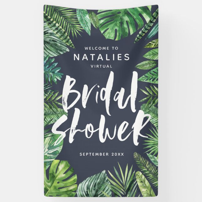 Tropical palm leaf script virtual bridal shower banner (Vertical)
