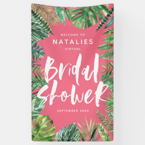 Tropical palm leaf  script virtual bridal shower banner