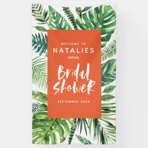 Tropical palm leaf script virtual bridal shower banner