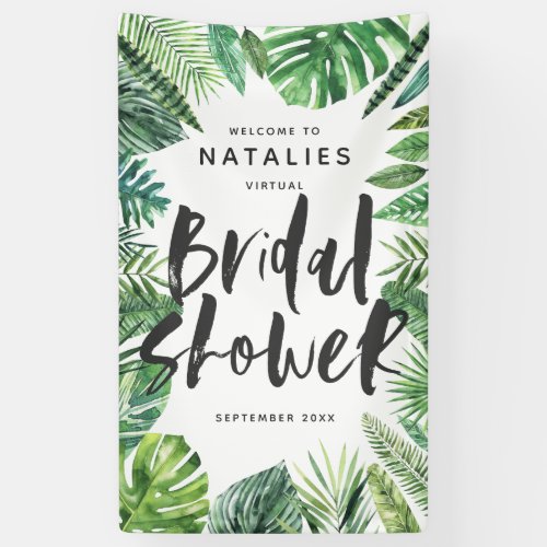 Tropical palm leaf  script virtual bridal shower banner