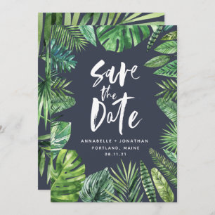 Tropical palm leaf script watercolor foliage navy save the date