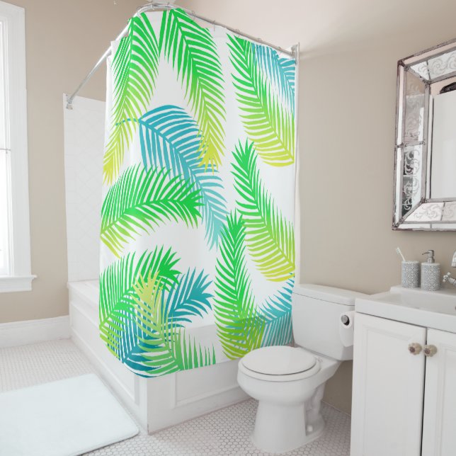 tropical Palm Leaf Shower Curtain — Coastal Bath (In Situ)