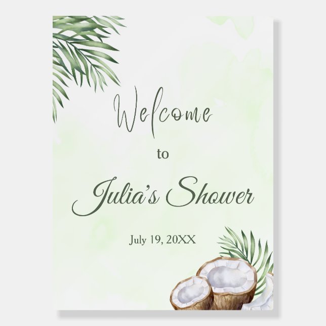 Tropical Palm Leaf Shower Welcome Sign – Coconuts (Front)