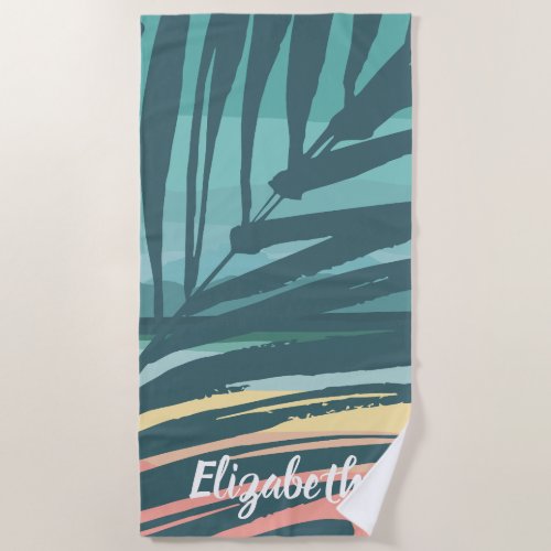 Tropical Palm Leaf Sunset Custom Name Beach Towel