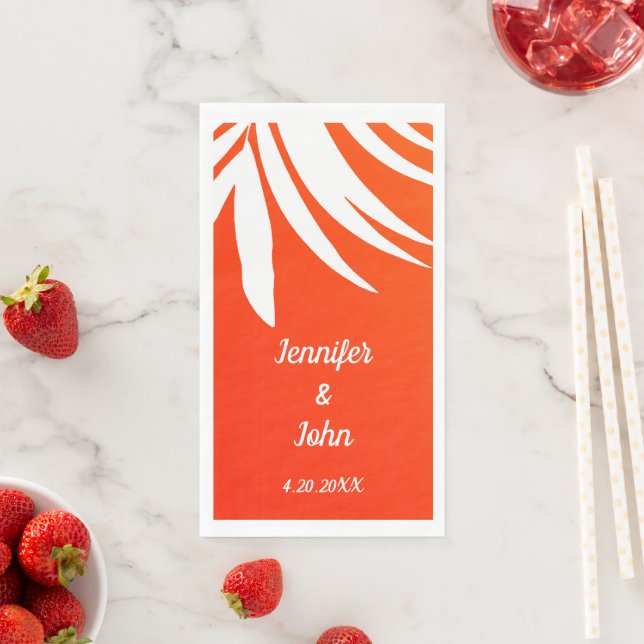 Tropical Palm Leaf Sunset Orange Beach Wedding Paper Guest Towels (Insitu)