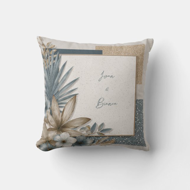 Tropical Palm Leaf Terrazzo Geometric Gold Texture Throw Pillow (Front)