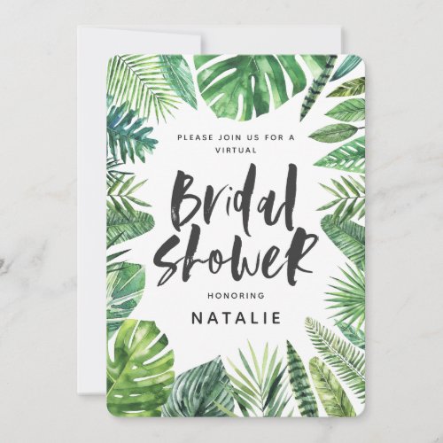 Tropical palm leaf virtual Bridal shower Save The Date