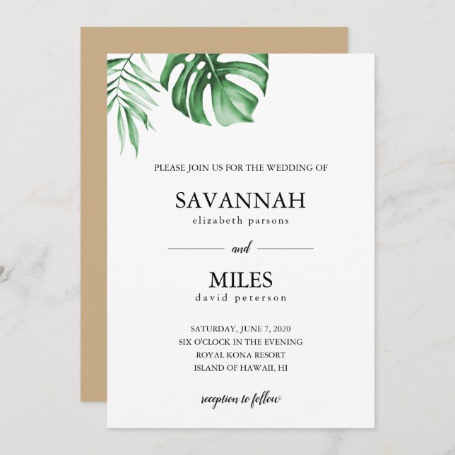 Tropical palm leaf wedding invitation (Front/Back)
