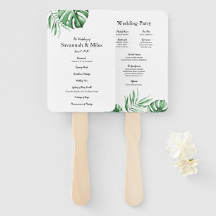Tropical palm leaf wedding program fans