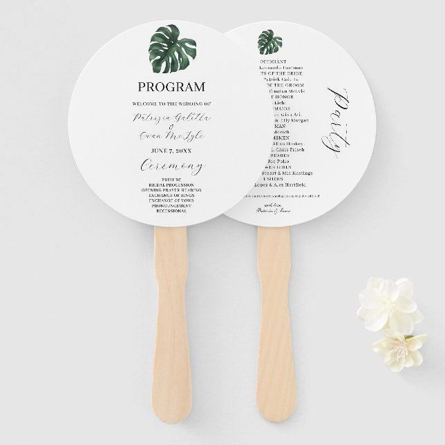 Tropical Palm Leaf Wedding program Set of Fans (Front and Back)