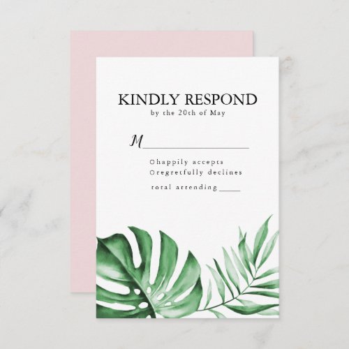 Tropical palm leaf wedding RSVP with envelope