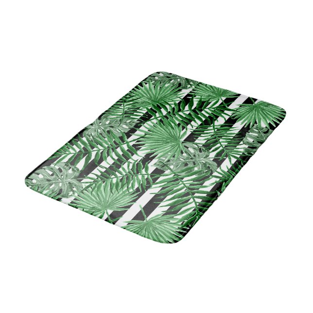 Tropical Palm Leafs Black White Stripes Pattern Bath Mat (Angled)