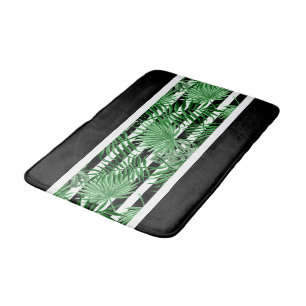 Tropical Palm Leafs Black White Stripes Pattern Bathroom Mat