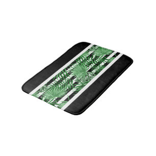 Tropical Palm Leafs Black White Stripes Pattern Bathroom Mat