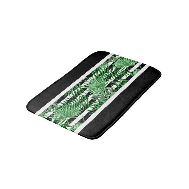 Tropical Palm Leafs Black White Stripes Pattern Bathroom Mat (Angled)