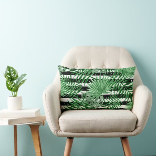 Tropical Palm Leafs Black White Stripes Pattern Lumbar Pillow