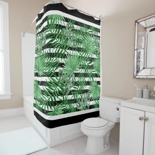 Leaves Shower Curtain Customized Shower Curtain Black Palm Leaves Ogee Shower Curtain Black And White Bathroom Decor Ogee Shower Curtain