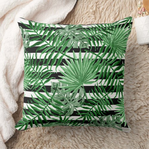 Tropical Palm Leafs Black White Stripes Pattern Throw Pillow