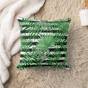 Tropical Palm Leafs Black White Stripes Pattern Throw Pillow