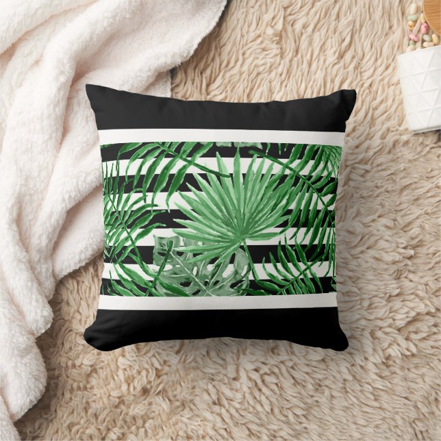 Tropical Palm Leafs Black White Stripes Pattern Throw Pillow (Blanket)