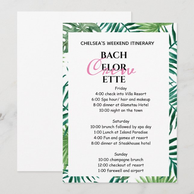 Tropical Palm Leafy Bachelorette Weekend itinerary Invitation (Front/Back)