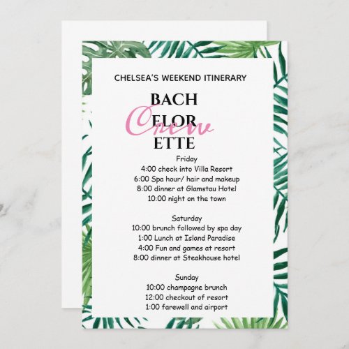 Tropical Palm Leafy Bachelorette Weekend itinerary Invitation