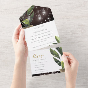 TROPICAL PALM LEAFY FOLIAGE STRING LIGHTS WEDDING ALL IN ONE INVITATION