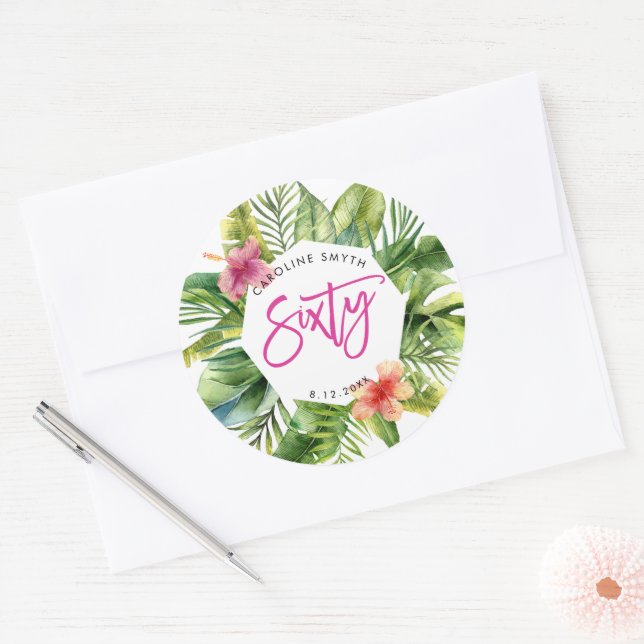 tropical palm leaves 60th birthday party sticker (Envelope)