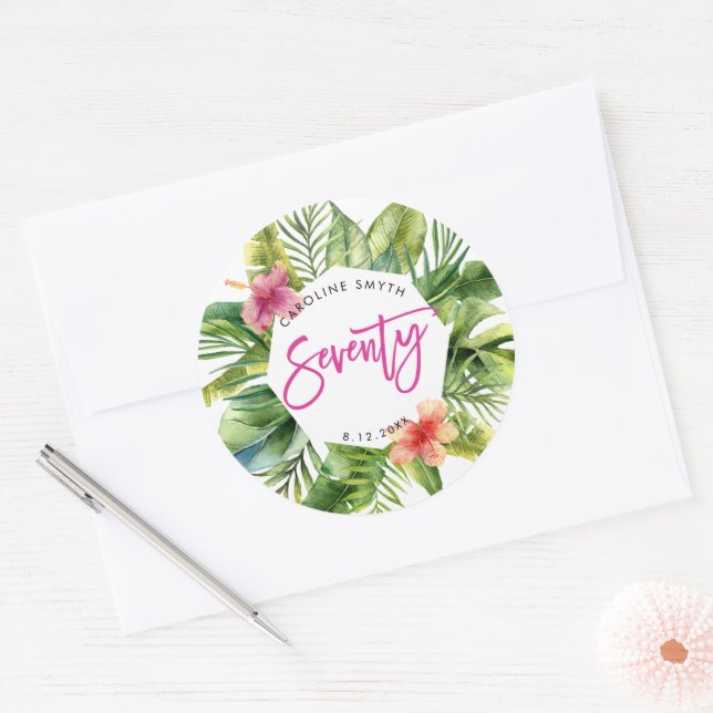 tropical palm leaves 70th birthday party sticker (Envelope)