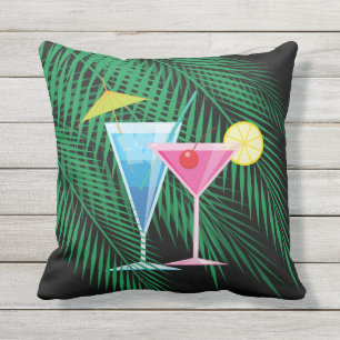Tropical Palm Leaves and Cocktails Outdoor Pillow