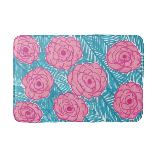 Tropical Palm Leaves and Flowers Bath Mat (Front)