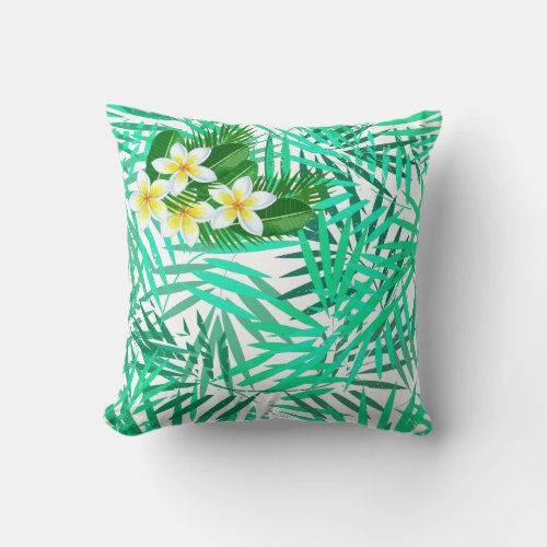 Tropical Palm Leaves and Flowers pattern Throw Pillow