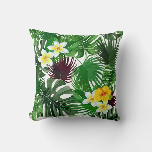 Tropical Palm Leaves and Flowers pattern Throw Pillow