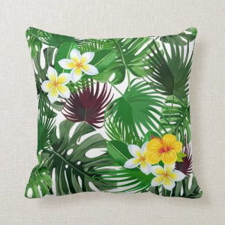 Tropical Palm Leaves and Flowers pattern Throw Pillow