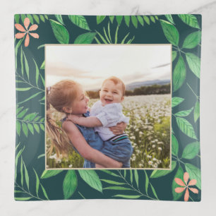 Tropical Palm Leaves and Flowers with Photo Trinket Tray