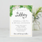 Tropical Palm Leaves and Greenery Wreath Wedding Invitation (Standing Front)