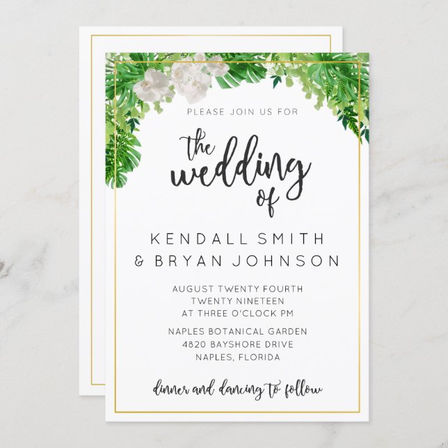 Tropical Palm Leaves and Greenery Wreath Wedding Invitation (Front/Back)