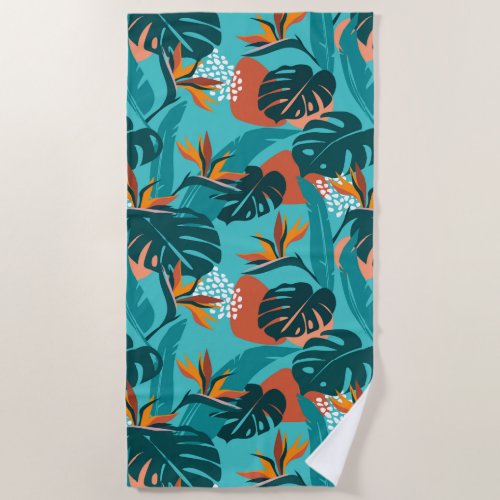 Tropical palm leaves and hibiscus flower pattern beach towel