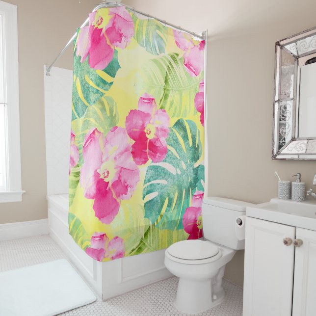 Tropical Palm Leaves and Hibiscus Flowers Shower Curtain (In Situ)