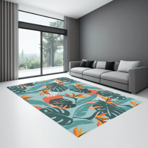 Tropical palm leaves and hibiscus pattern rug