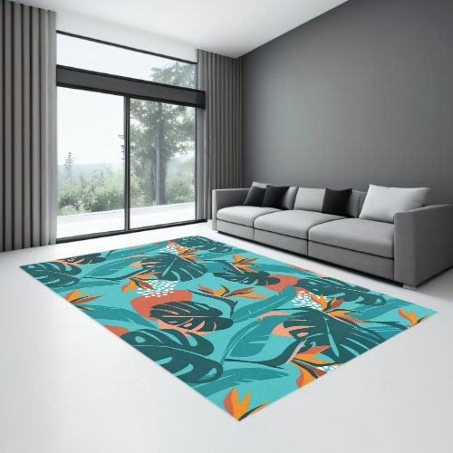 Tropical palm leaves and hibiscus pattern rug