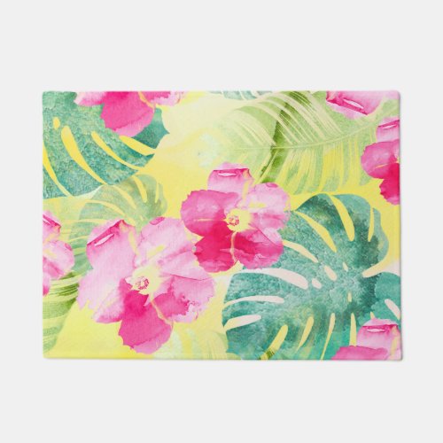Tropical Palm Leaves and Pink Hibiscus Flowers Doormat