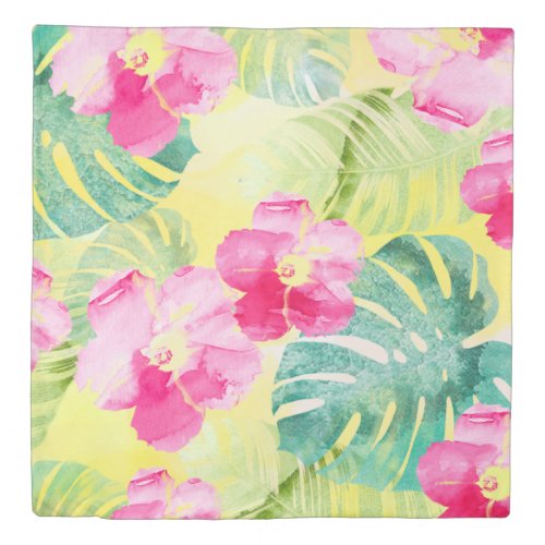 Tropical Palm Leaves and Pink Hibiscus Flowers Duvet Cover